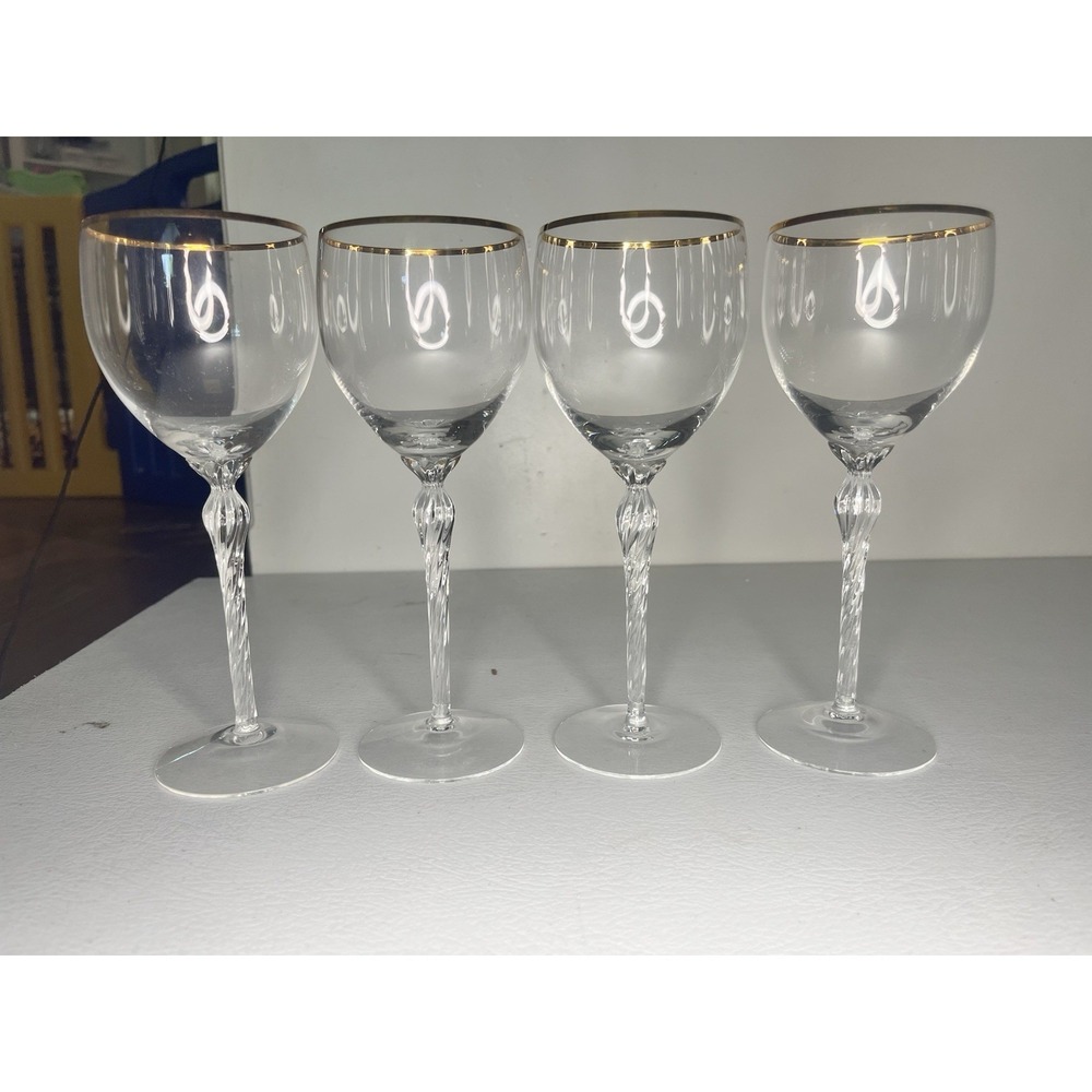 LENOX CRYSTAL MONROE GOLD TRIM TWIST STEM WINE GLASS GOBLETS SET OF 4 USA